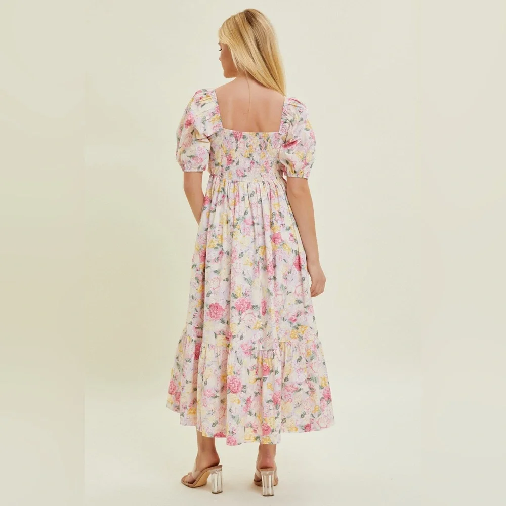 Pinkblush Floral Puff Sleeve ruffle trim midi Dress nwot - Picture 2 of 8